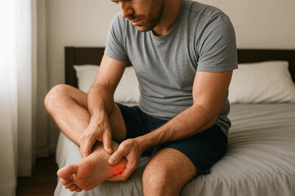 Adult with plantar fasciitis experiencing heel pain during first steps in the morning