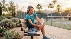 A woman in her 40s sits on a park bench beside an outdoor Arizona pickleball court, gently massaging the ball of her bare foot with an expression of discomfort. Her athletic shoe, pickleball paddle, and ball sit on the bench next to her against a warm, sunlit desert backdrop.