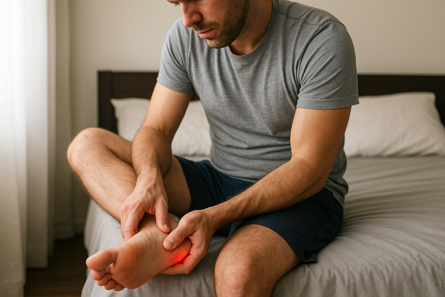 Adult with plantar fasciitis experiencing heel pain during first steps in the morning